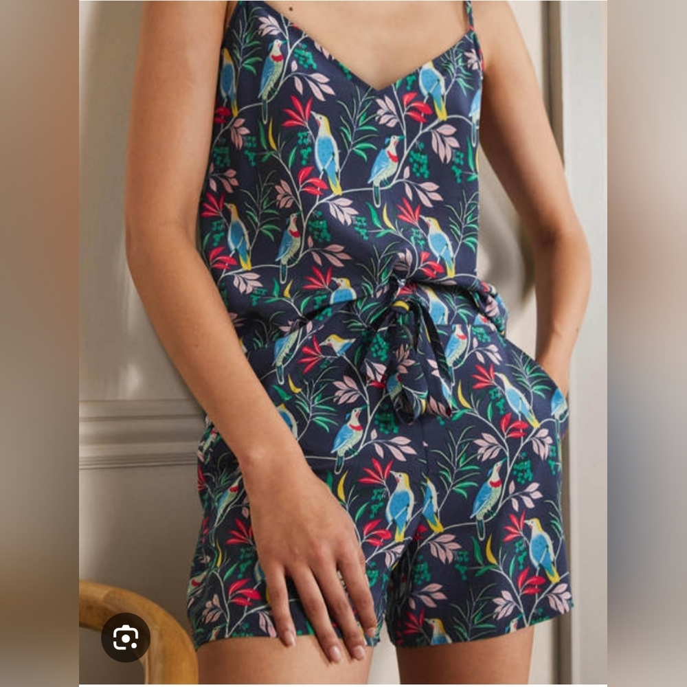 BODEN 100%Silk Cami Pajama 2PIECE Set Navy Berry Bird 100%silk
